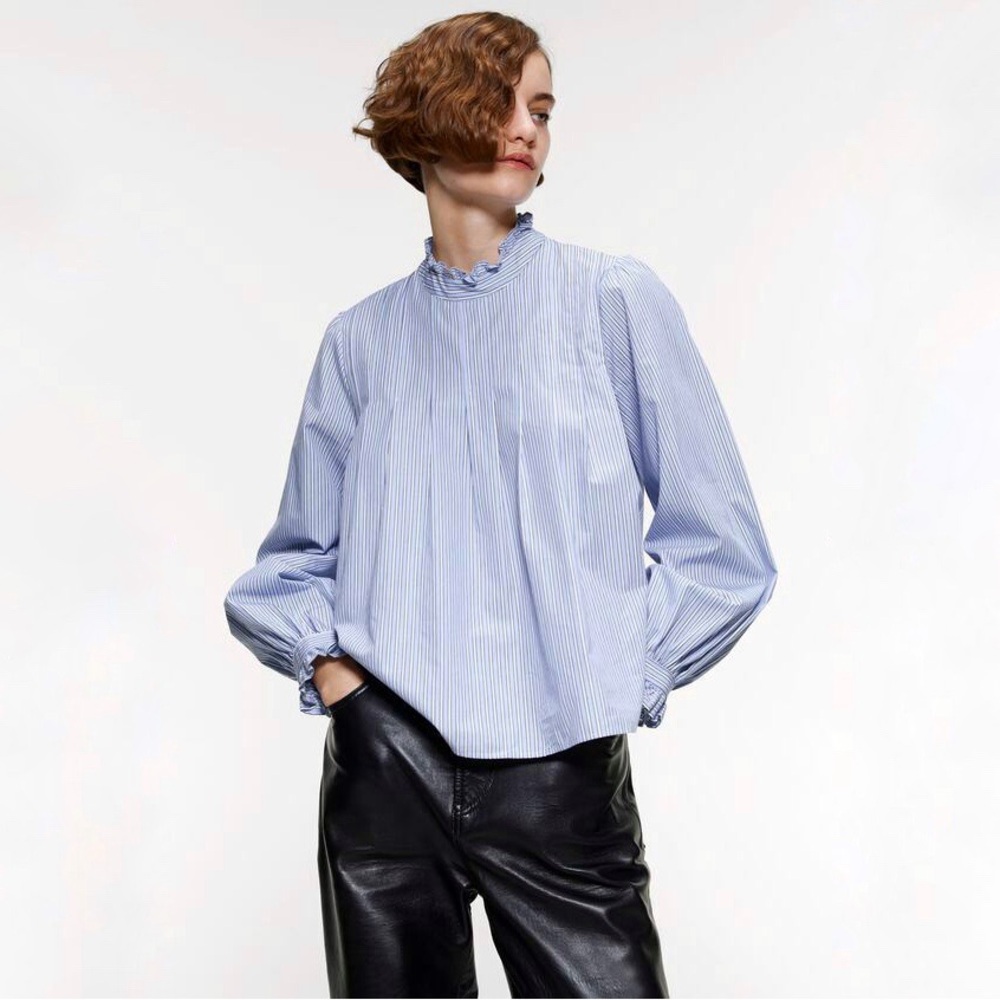 Zara Striped Poplin Blouse w/ Ruffled High Collar in Blue & White XL